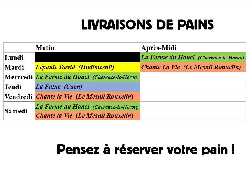 planning de livraisons du pain 